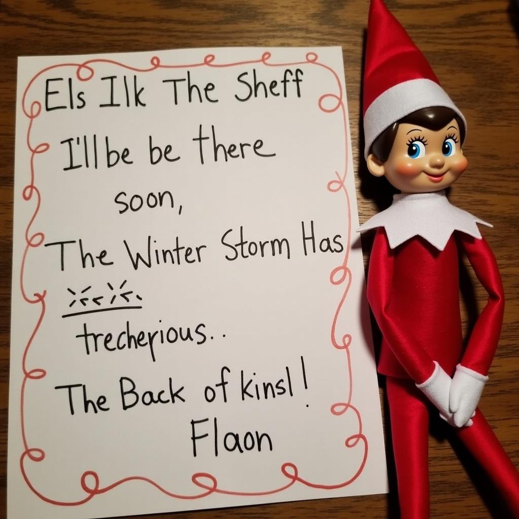 The image features a cute Elf on the Shelf doll positioned beside a handwritten note. The note reads, 'I'll be there soon, the winter storm has been treacherous!' It reflects a playful holiday spirit. The elf's expression is cheerful, adding to the overall warmth of the scene. The combination of red, white, and green colors emphasizes the Christmas theme. This image is perfect for holiday-related content.