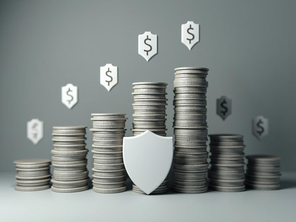 Realistic scene depicting stacks of TIPS bond certificates as a protective wall in front of rising price-tag symbols. Shield icon in the foreground. Dominant muted grays and strong highlights for contrast. Text at the top reads 'Investing in TIPS: Protect Against Inflation' in sturdy, all-caps sans-serif font.