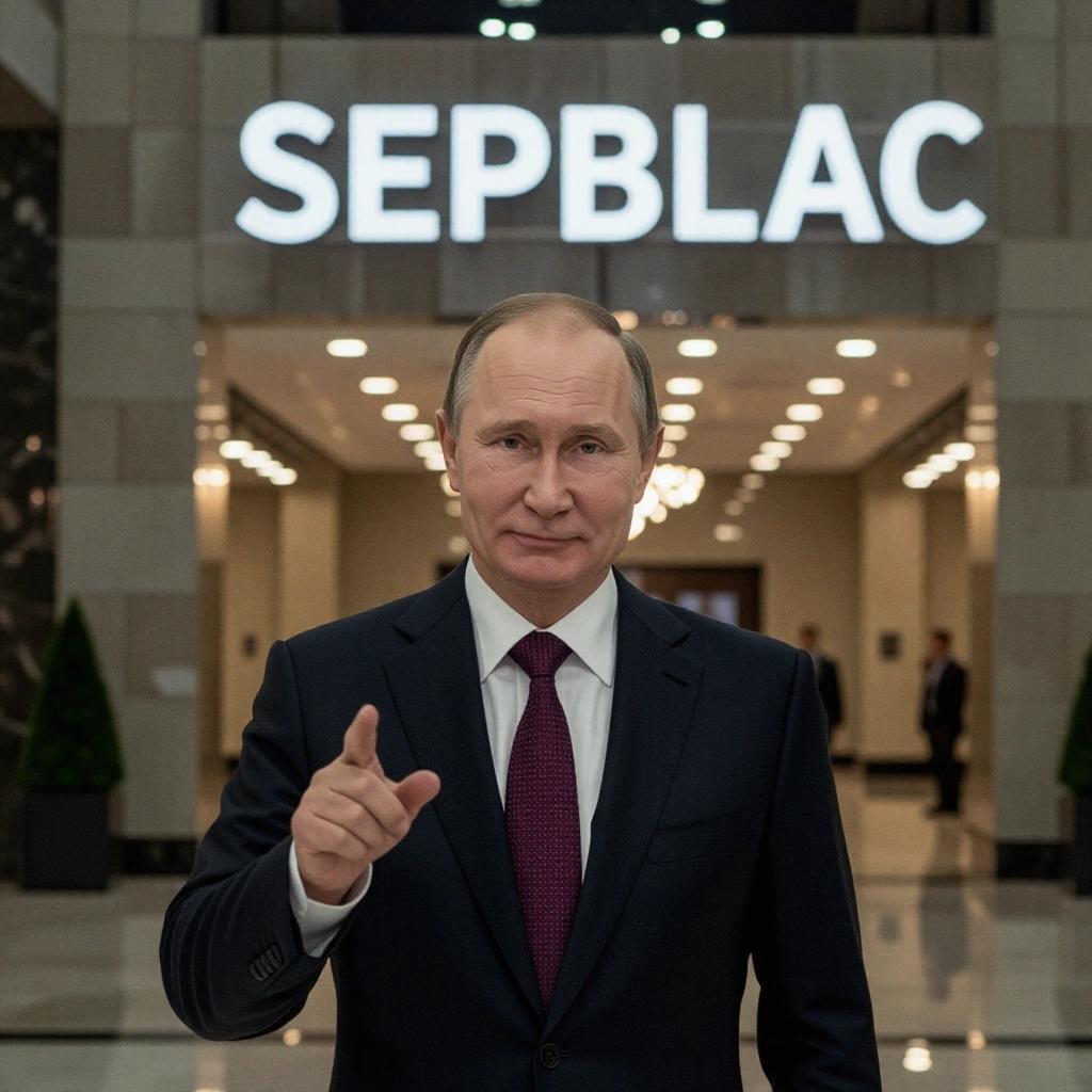 Individual in formal attire inside an office building with slight dim lighting gesturing. Background features a large sign saying 'SEPBLAC'.