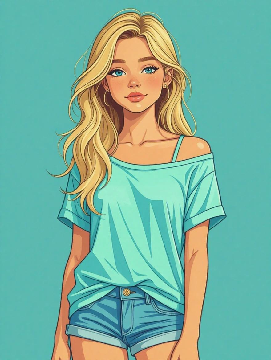 A vector art illustration featuring a slender, androgynous character. The character has long straight blonde hair and a feminine appearance. Wearing an off-the-shoulder blue t-shirt and boyshorts, set against a pastel background. The character looks confident and relaxed.
