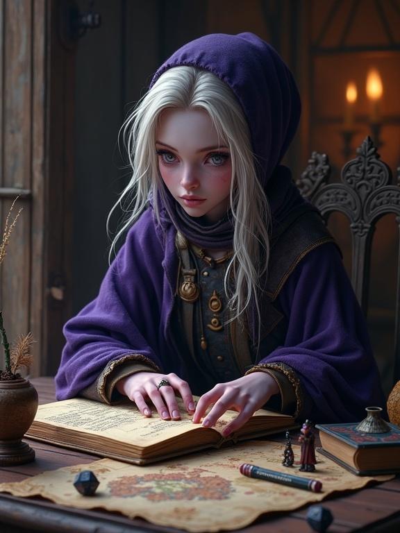 A hyper-realistic portrait of a drow elf sitting at an aged oak table. The elf has ebony skin with purple undertones and silver-white hair styled in pigtails. She examines a large open grimoire with a serious expression. Various polyhedral dice and a hastily scribbled character sheet are scattered across the table. An ancient ink pot and dark steel quill are present, along with a map of the region covered in notes. The room is dimly lit by flickering candles.