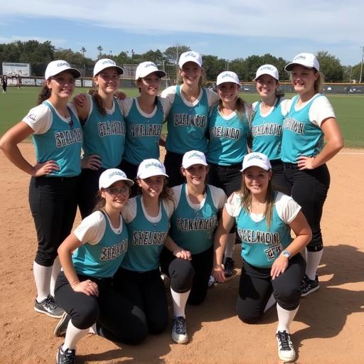 Champion softball team posed together. Players wear matching teal and white uniforms. They stand on a dirt field. The background features a grassy area and other players visible in distance.
