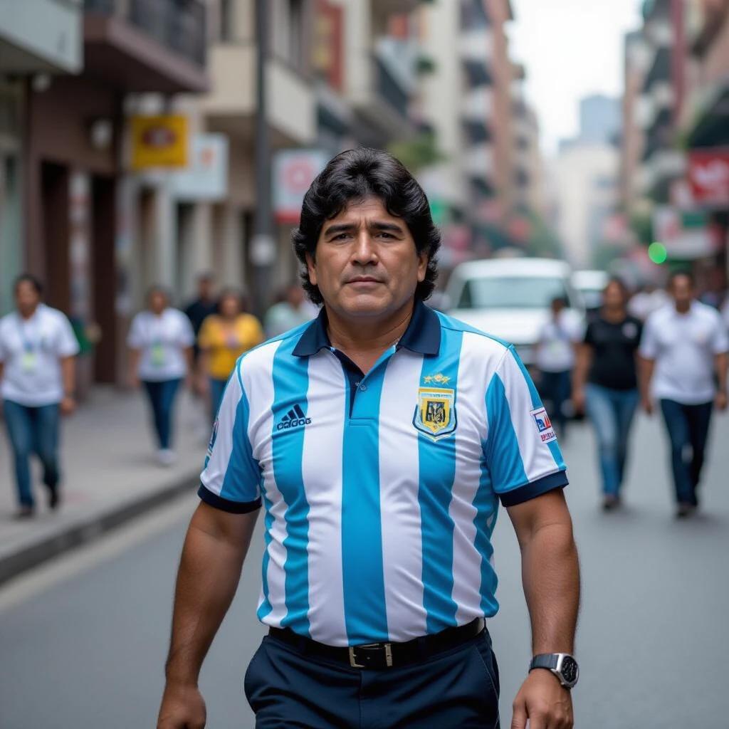 A man walks through the streets of Caracas wearing an Argentina soccer jersey. The scene captures the essence of urban life in Venezuela.