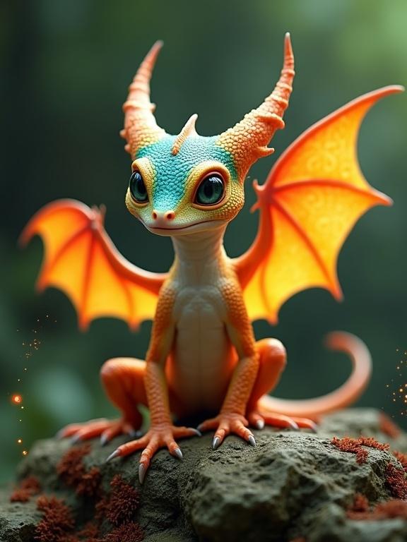 Fantasy reptilian creature hybrid resembling a gecko and dragon. It has prominent upright ears with bat-like wings. Large round eyes give an alert expression. Limbs are thin and muscular with clawed toes gripping a textured surface. The tail and body taper smoothly. Colorful with orange, yellow, and textured teal. Background is a blurred green gradient, representing natural habitat. Creature perches on mossy rock with intricate detailing and magical sparkles surrounding it. The mood is curious and mystical, blending fantasy with realism.