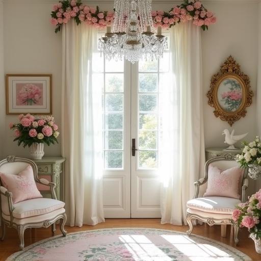 Shabby chic living room featuring white, light pink, and sage green colors. Includes crystal chandelier, pink rose garland on French doors. Sunlight fills the room. Pink rose prints in gold frames. Gold mirror on wall. White dove statue on pedestal. Antique rose vases with peonies. Pink rose rug with sage green design. Pink rose wreath on doors.