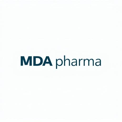 Create a logo for a pharmaceutical company called MDA-Pharma. Use a simple and modern design. Emphasize clarity and professionalism. Include the text 'MDA pharma'.