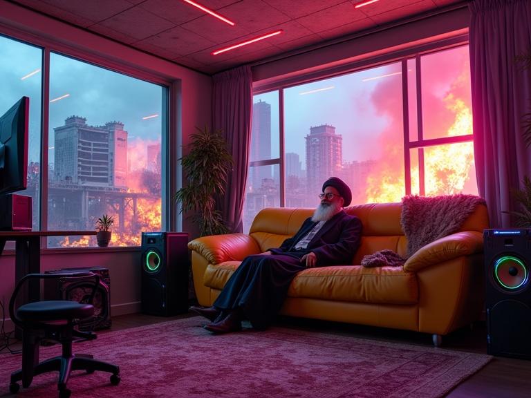 Ayatollah Khomeini relaxes on a bright yellow couch in a futuristic gaming room. Background shows burning buildings in a war zone. The room is filled with neon lights and high-tech gadgets. Large boombox speakers add to the vibe.