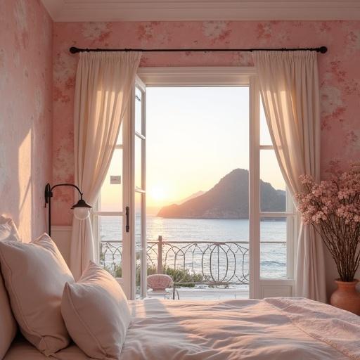 Light pink and white bed with a four-poster canopy. Floral wallpaper with rose patterns. French doors open to a veranda overlooking the beach with a mountain in the background during sunrise.