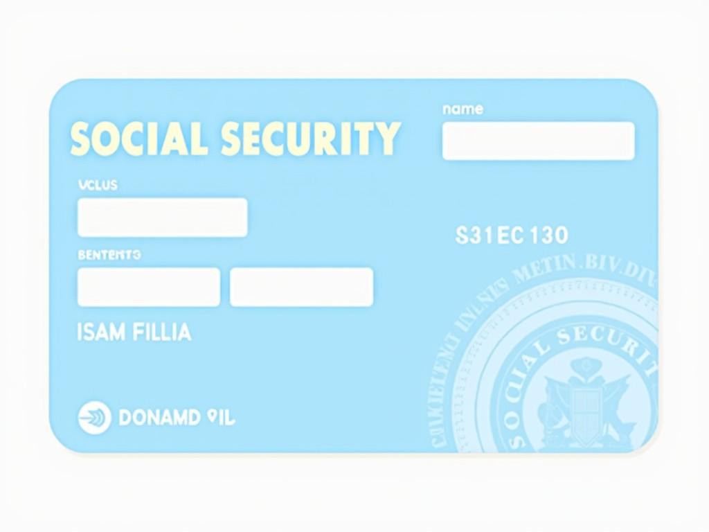 A stylized representation of a Social Security Card with nonsensical text and design.