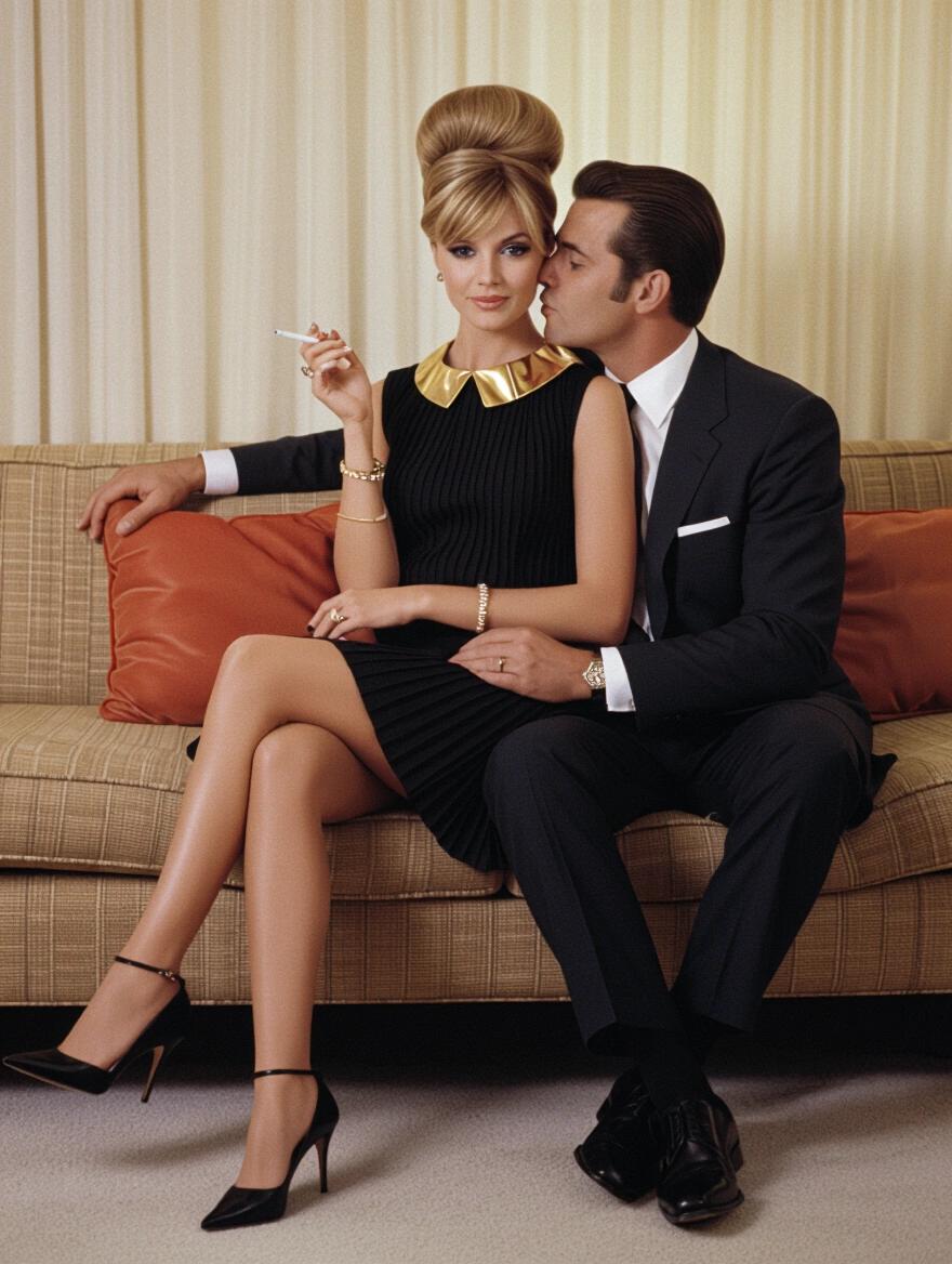1960s vintage photograph of a stylish couple in a living room. Woman with beehive hairstyle and black dress, holding a cigarette. Man in a suit, kissing her affectionately. Full body shot with luxurious decor.