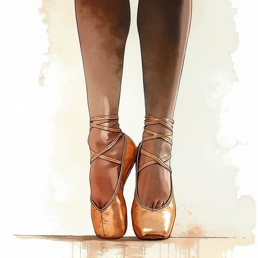 Close-up image of ballet shoes. Incorporates a double exposure effect featuring a ballet dancer. Style reflects edgy graphic novel aspects. Watercolor artwork elements evident.