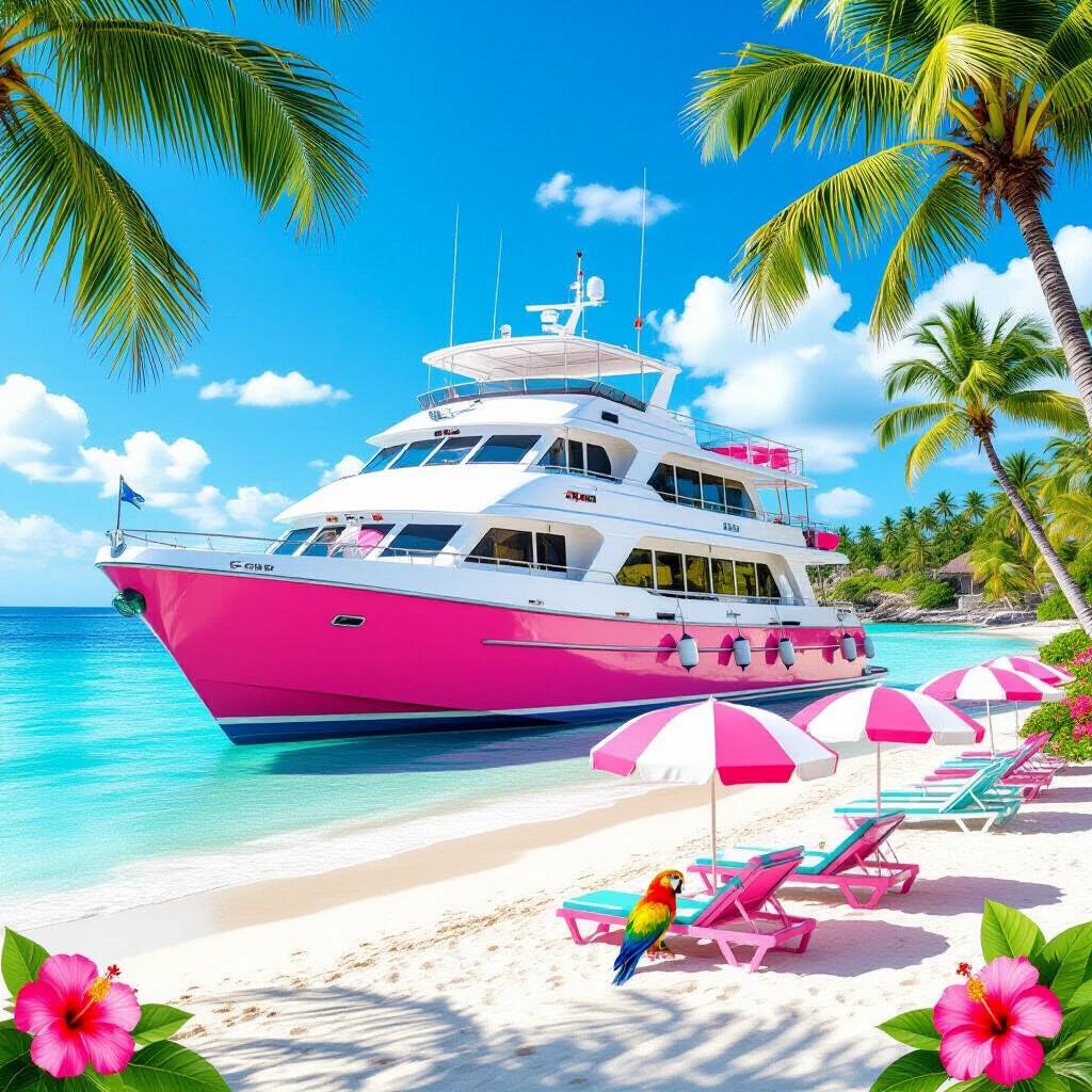A big three story pink and white aqua boat on a blue sea. A beautiful beach with palm trees. Pink hibiscus flowers and colorful parrots are present. Pink and white striped beach umbrellas and pink and aqua beach chairs add to the scene.
