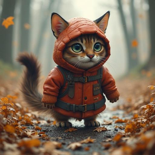 A cartoonish cat with gold eyes wearing an orange hoodie in a misty forest filled with autumn leaves.