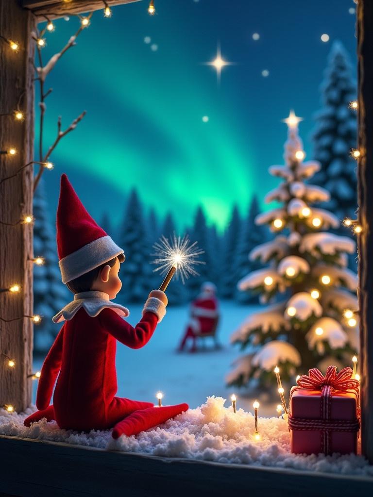 An elf on the shelf with a back view sits in front of a window. She writes a message with a wand in sparkling letters. The background shows a magical Christmas scene with northern lights and snow-covered trees. There is a distant view of Santa Claus. The atmosphere reflects wonder and holiday cheer.