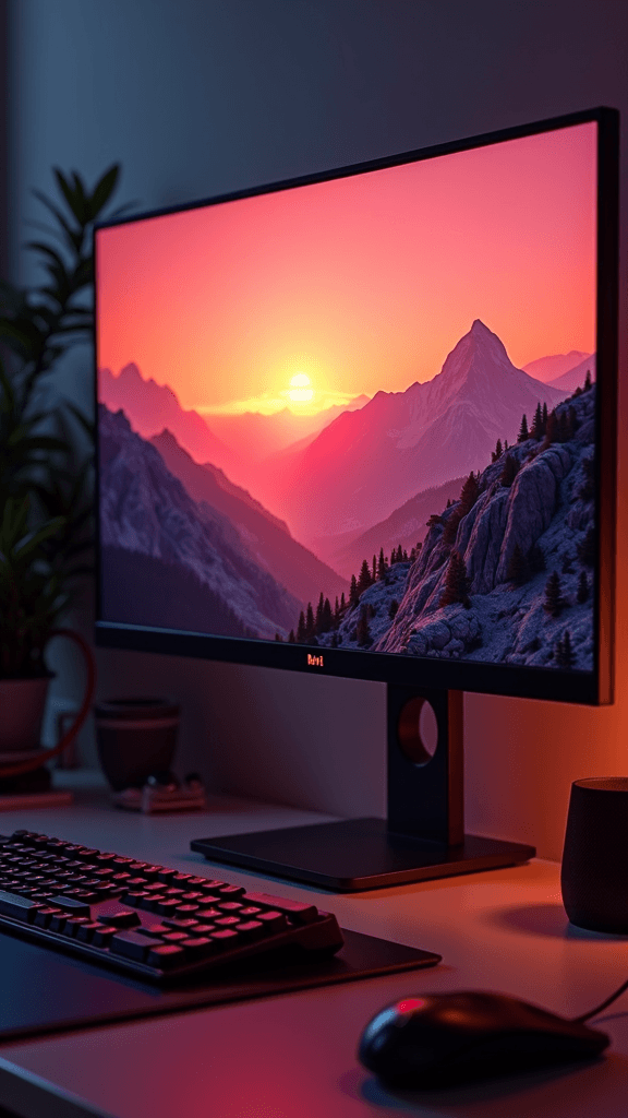 A computer monitor displays a majestic sunset over mountain peaks, creating a warm, inviting atmosphere on a modern desktop.