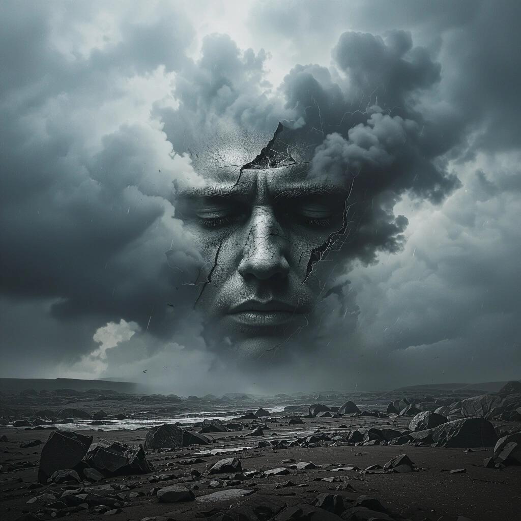 an epic dark scene for a rock album cover featuring a face in clouds with a stormy atmosphere