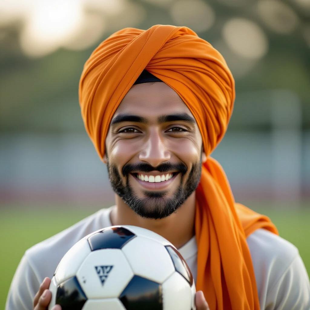 Indian man playing football. Cleanshaven. Wearing Haryanvi turban. Young black hair. Sharp jawline.
