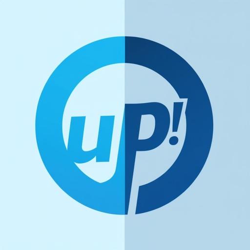 Logo design features a circular form symbolizing continuity. The left side is light blue while the right side is dark blue. The word 'scale' is positioned at the bottom of the left section. The word 'UP!' appears higher on the right side, with an emphasized exclamation point. An upward arrow is integrated with the letter 'U' in 'UP!'. The font used is Montserrat.