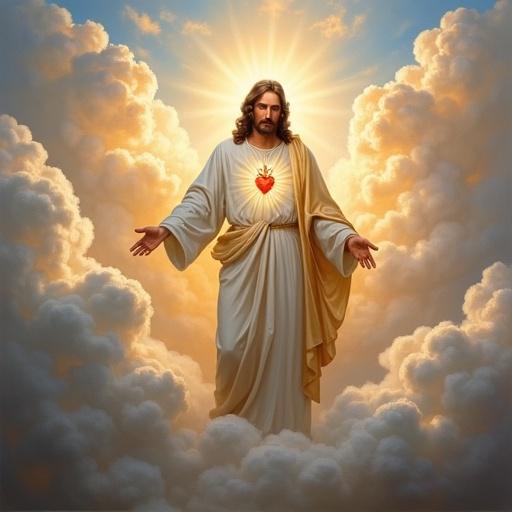 Oil painting of Sacred Heart of Jesus in white clouds in Heaven. Jesus stands with arms open and heart glowing radiant. Background features softly lit clouds with a divine atmosphere.