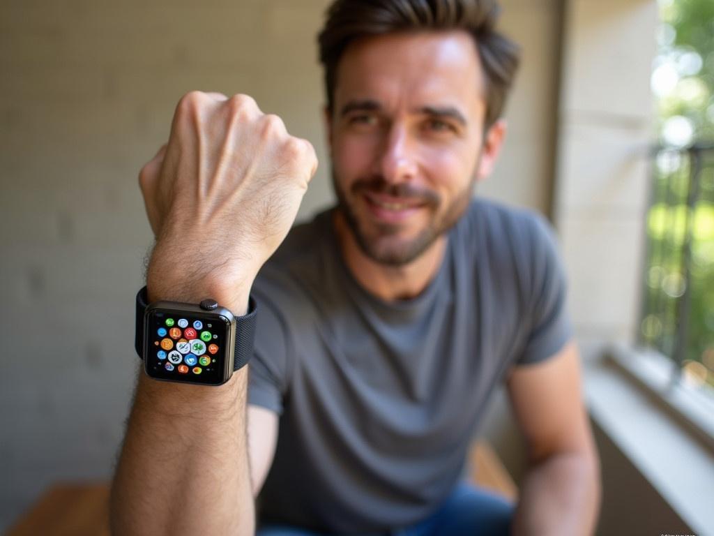 A man is sitting outside, possibly on a balcony or patio. He is casually dressed in a grey T-shirt. His right hand is raised, showing off a stylish smartwatch on his wrist. The smartwatch has a square face with a colorful display showing various icons. There is a textured wall in the background, enhancing the outdoor ambiance.