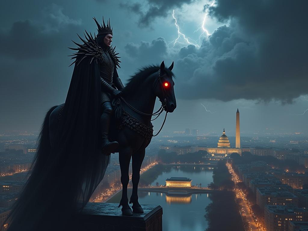 Highly detailed dark fantasy scene. Menacing character clad in spiked black armor. Mounted on a black spectral horse. Rooftop view of Washington D.C. City lights visible. Tumultuous night sky with swirling clouds. Lightning enhancing the atmosphere. Potomac River reflecting city lights.