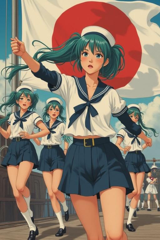 War propaganda image with female sailors in low-cut sailor uniforms. They hold leeks while dancing on a Japanese frigate. A large Japanese imperial flag is in the background. Captures movement and energy.