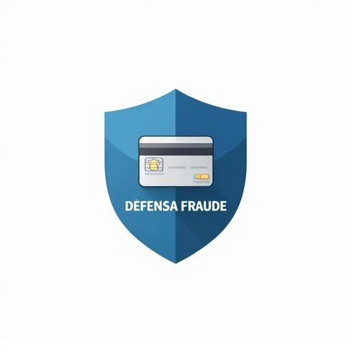 Modern logo for 'DEFENSA FRAUDE'. Isotype a minimalistic navy blue shield containing a stylized credit card in silver color with a visible chip and a symbolic lock protecting it. Text 'DEFENSA FRAUDE' in clean sans-serif typography, white color. Plain white background. Corporate, secure, technological style.
