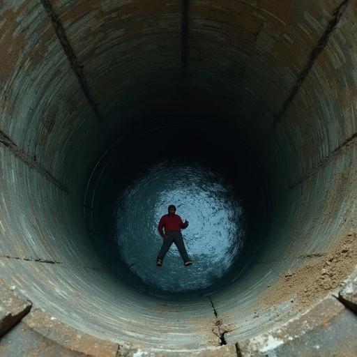 View from above a well. Person is lying at the bottom. Circular structure of the well is visible. Water reflects light.