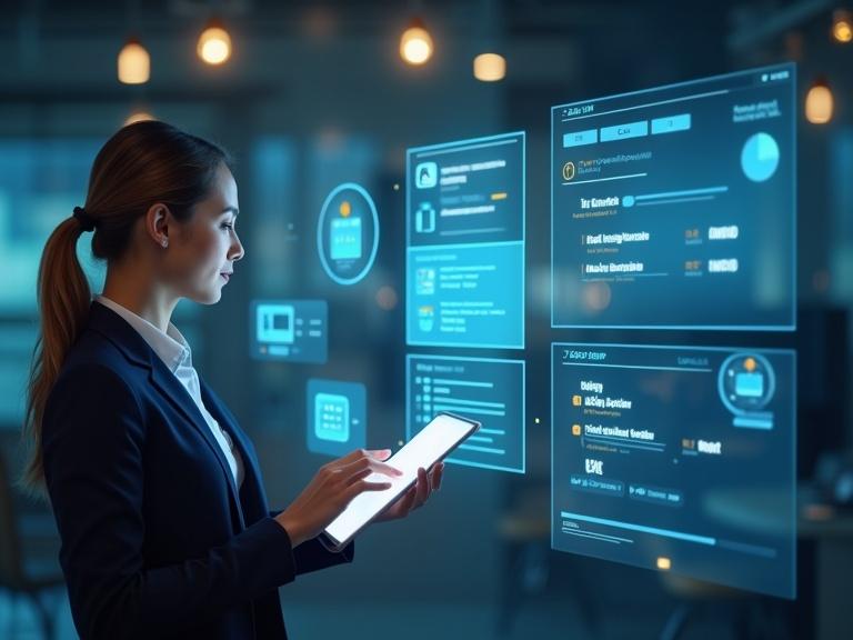 Modern virtual assistant concept shows a professional reviewing a smart dashboard. Floating task lists and calendar events displayed. Blends realism with digital UI elements using semi-transparent overlays. Background blurred to highlight productivity and digital organization.