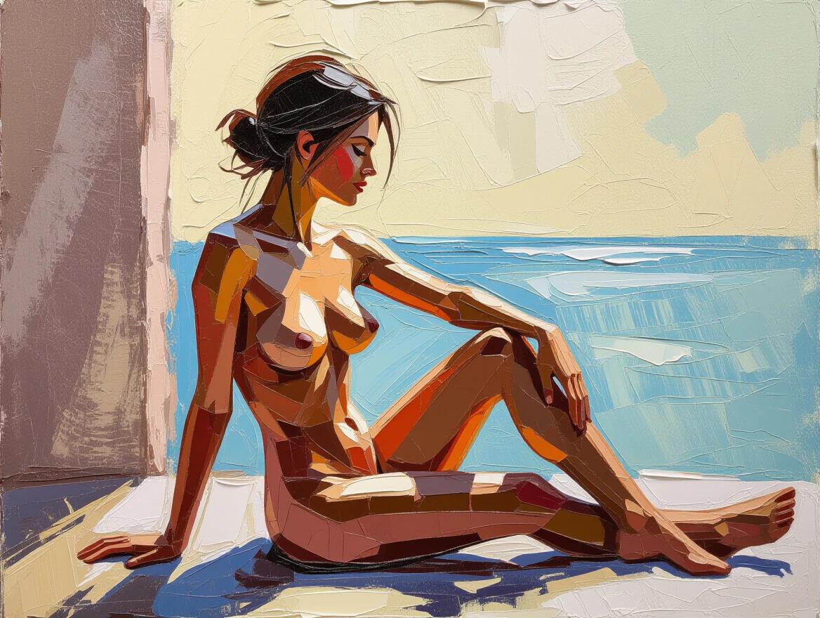 Highly textured encaustic impasto painting of a nude model in a morning pose. Thick brushstrokes create three-dimensional relief. Seated by a window with ocean view.