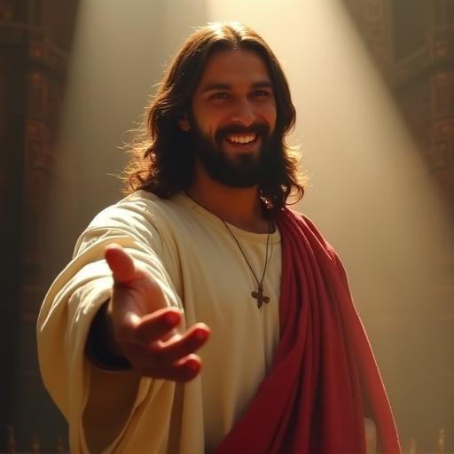 Jesus extends his inviting hand towards the camera with a smile.