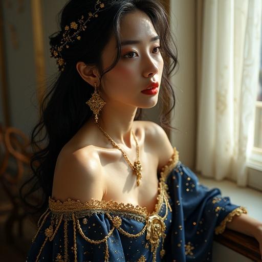 An East-Asian woman with smooth porcelain skin is illuminated by sunlight. She has deep black hair with silver strands adorned with golden flowers. Her gown is midnight blue with gold embroidery showcasing celestial designs. She gazes dreamily off-camera with captivating amber eyes. Floating golden lotus flowers surround her by a window with a starry background.