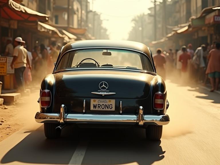 Static wide shot of a black vintage Mercedes-Benz sedan parked on a bustling Indian market street. Fully opaque windows. Chrome glints in warm sunlight. Pedestrians pass by in light-colored clothing. Market stalls in motion blur. Car remains still. Dust swirls. Car accelerates sharply forward. Camera initiates smooth tracking shot. Flying low and fast behind the car. Camera zooms in on rear license plate which reads 'WRONG'. Plate fills the frame. Camera tracks tightly. Dust trails and chrome reflections visible.