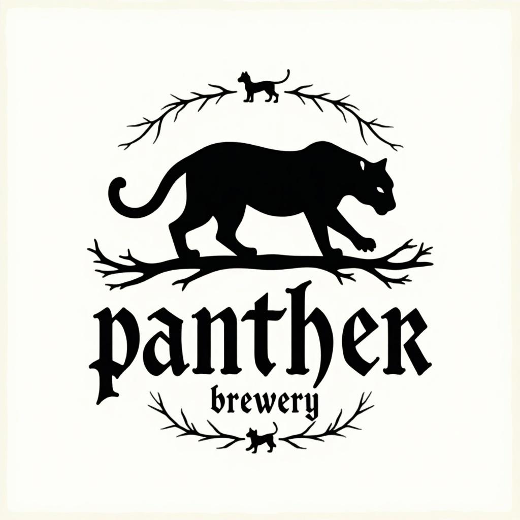 Vector logo featuring a silhouette of a black panther. Simple shapes with minimal style. Black and white color scheme. Old English traditional style with modern sans serif typeface. Design for a craft beer bottle label.