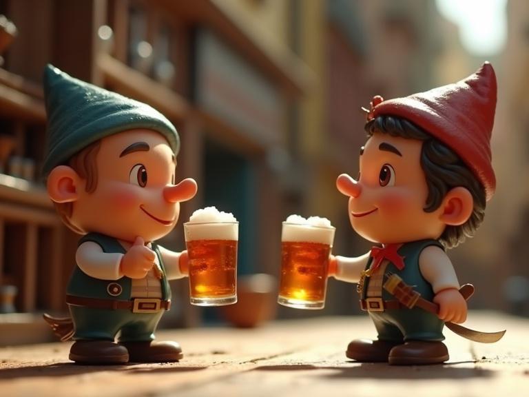 Two tiny toy men interact. The scene shows them holding beer mugs. The artwork is in 3D digital cartoon style. It features a warm and inviting tavern setting.