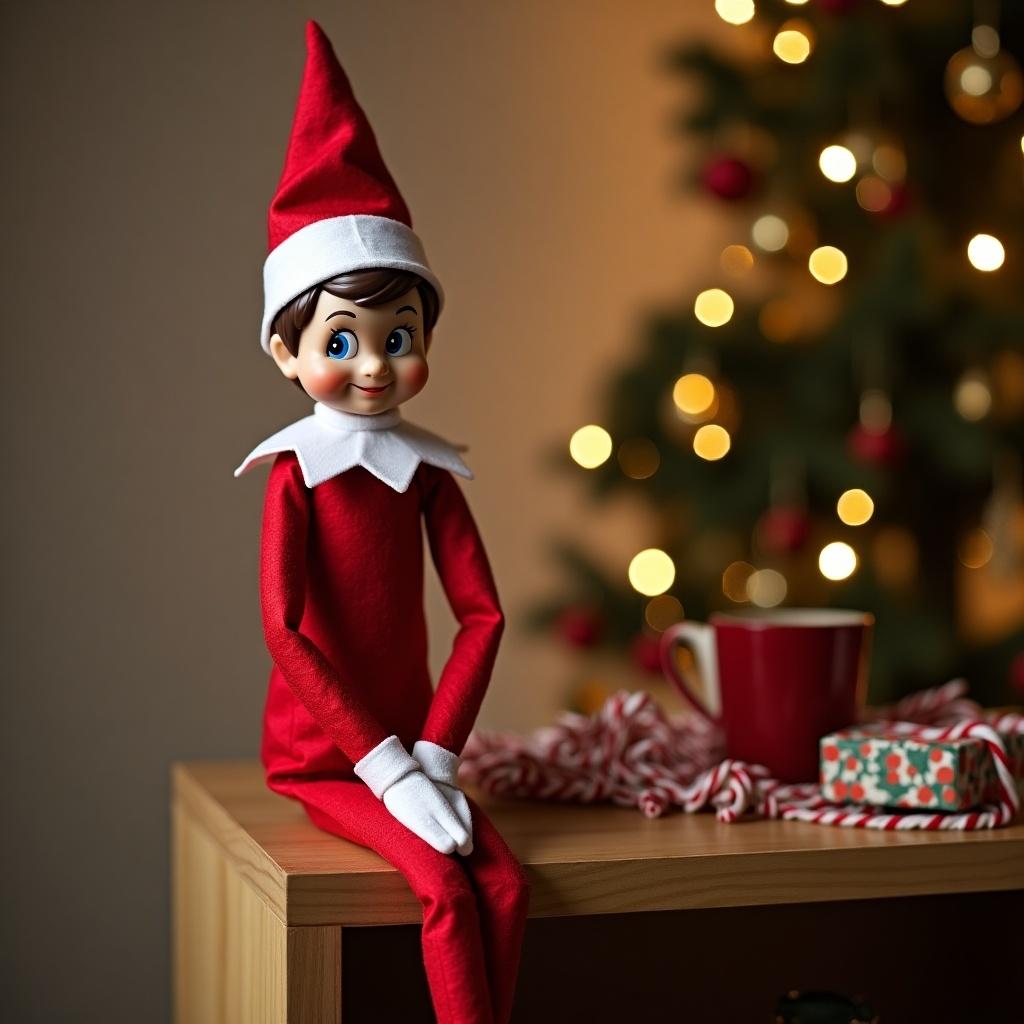 Elf doll in red outfit with white collar sits on wooden table. Christmas tree with lights in background. A mug and gift box are next to the elf. Cozy holiday atmosphere.