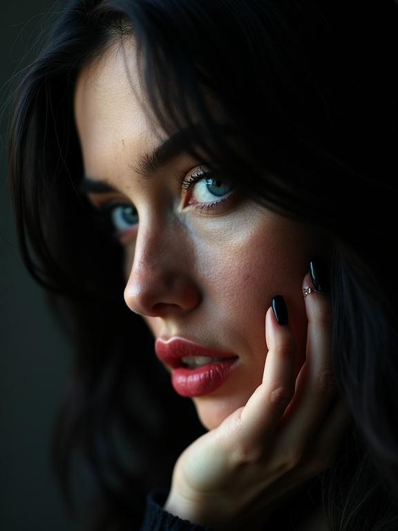 A macro portrait of a striking French woman with black hair draped over one eye. She has captivating turquoise blue eyes and leans in towards the camera with closed lips. The expression is neutral, and the image features chiaroscuro lighting against a dark background from an extreme low angle.