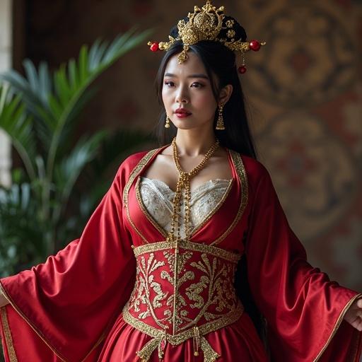 Ultra realistic photography of a woman in a plus-size cosplay of Empress Boa Hancock from One Piece. The woman looks beautiful and attractive in a healthy pose. Shot using a Canon R6 with an 85mm lens, it captures the full body.