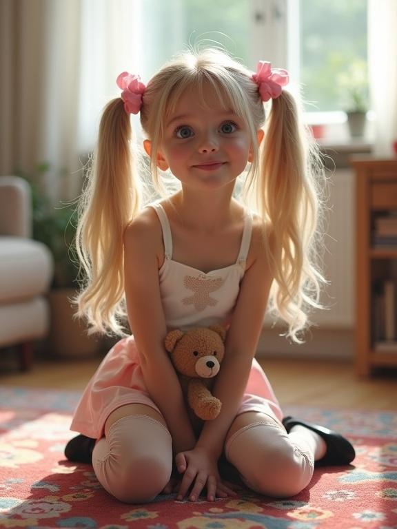 A child with long blonde twin tails and pink bows kneels on a colorful rug in a softly lit room. She wears a short white top and pale pink skirt, with lace-detail thigh-high socks and black shoes. She hugs a teddy bear, looking up with an innocent expression.