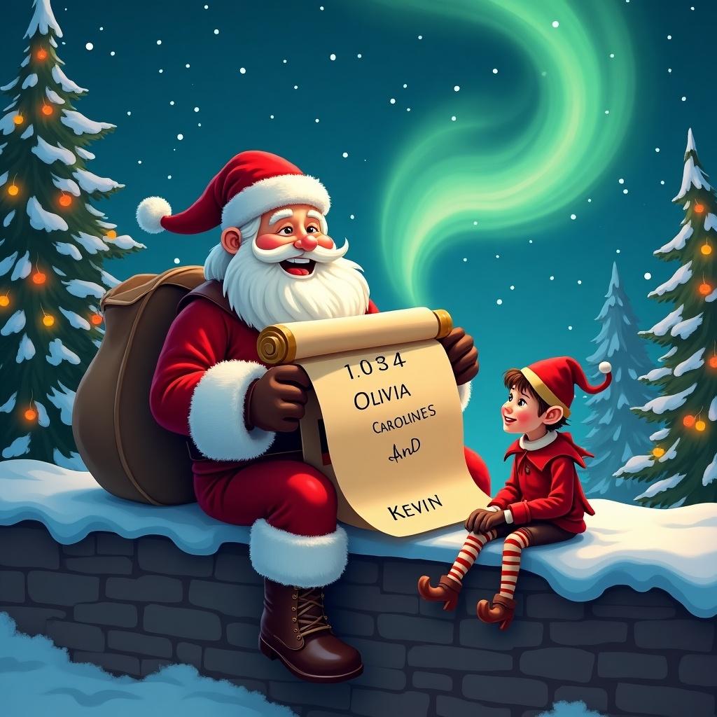 Cozy winter scene; Santa Claus sitting on a ledge; Santa joyful; holding scroll with names Olivia, Caroline, Kevin; elf sitting beside him; northern lights swirling; snow-covered trees; Christmas decorations enhance festive atmosphere.