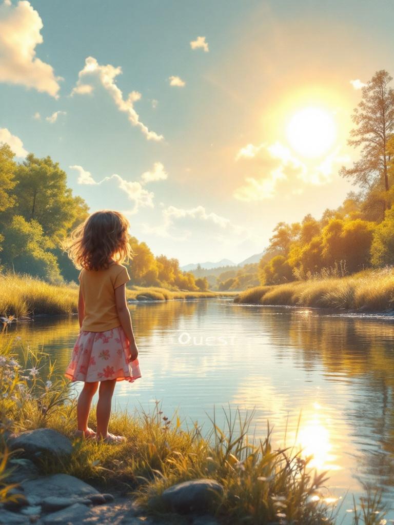 A joyful four-year-old girl stands by a placid river. The water reflects the sky above. The sun casts a golden hue on the landscape. The scene captures a moment of wonder and adventure. Her spirit is curious and adventurous.