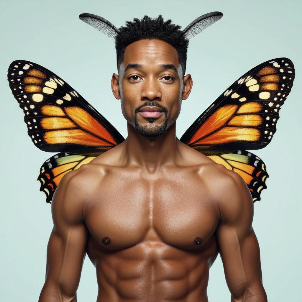 Muscular man with butterfly wings poses against a light background. Strong physique is highlighted. Contrast between human and butterfly elements.