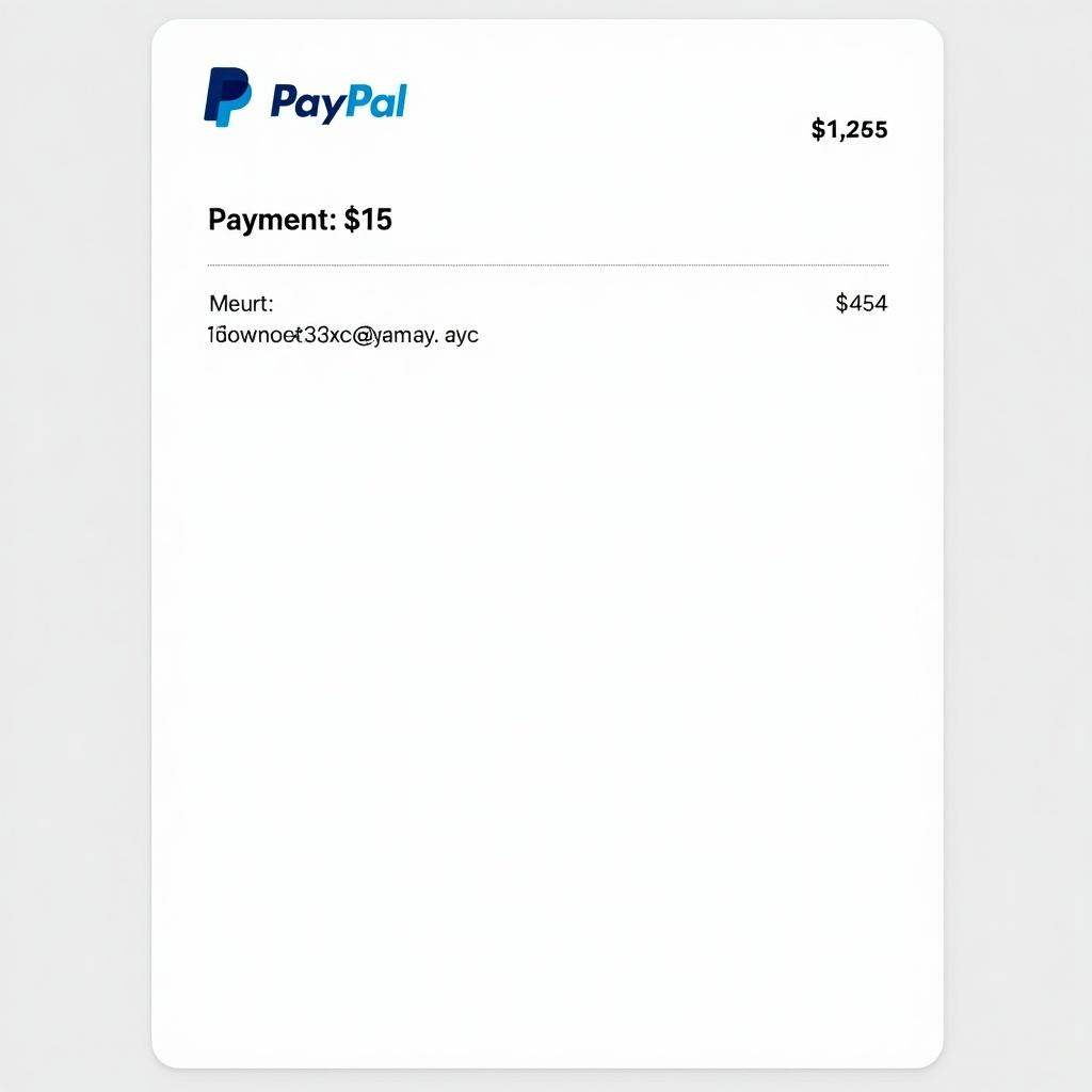 Image depicts a PayPal payment receipt. Shows amount of $15. Displays PayPal logo with a clean layout. Includes payer's details and transaction information.