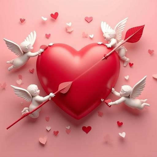 3D love heart with an arrow through it. Several cupids flying around. One side of the arrow has 'Susi' in nothing font. Opposite side has 'Ray.' Photo realistic.