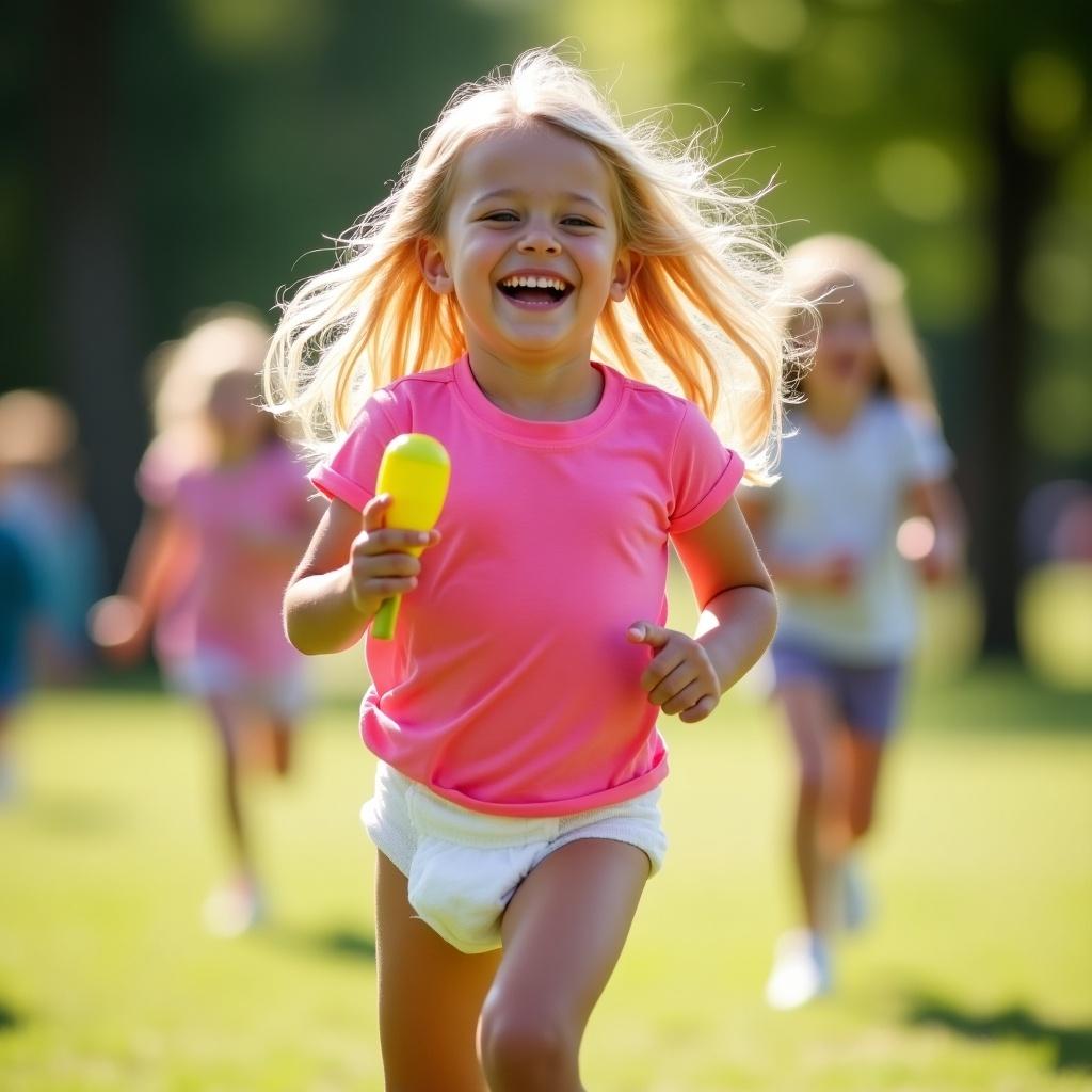 Seven year old girl with long blond hair runs in a sunny park. She wears a pink t-shirt and a bulky diaper. She holds a yellow toy. Other children play in the background. The scene captures childhood joy.