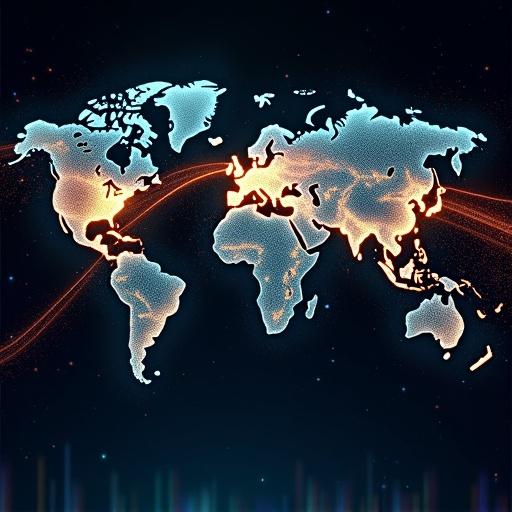 Energetic abstract representation of data movement across the globe. Streams of light curving and cascading connect continents on a stylized Earth. Distinct colors for data types. Enhancements with binary code and circuit patterns layer background. Motion effects emphasize speed and scale. Dark cosmic backdrop with faint constellations suggest vast data flow. Fluid, futuristic design.