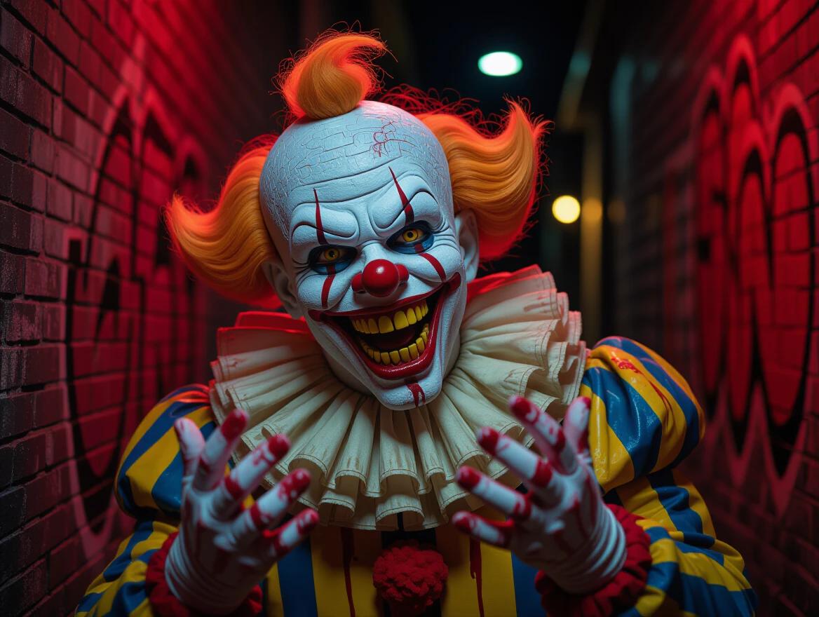 Close-up of a grotesque alien clown. Clown has bulky size and decayed white skin. Clown features yellow, uneven teeth and multicolored synthetic hair. Clown is tilting head and laughing maniacally. Blood drips from cotton candy hands. Dark alley in background with circus graffiti. Practical latex suit used. Gel lighting creates an eerie vibe. Represents 80s horror aesthetics.