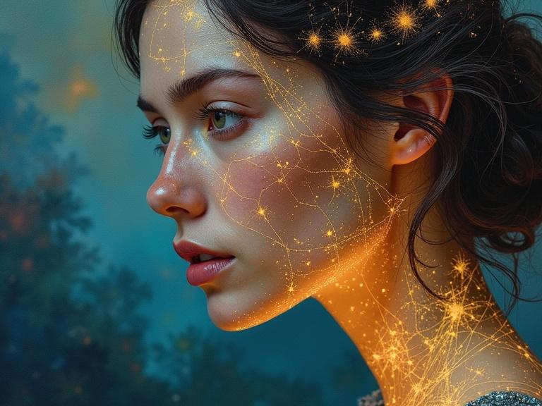 The image depicts a close-up portrait of a time-traveler woman. The skin features a glowing map etched onto it. The background is blurred with cosmic colors. The artwork style resembles impasto oil painting with thick brushstrokes. The lighting is dramatic evoking a strong emotional mood.
