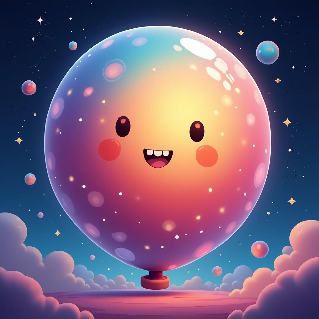 The image features a cartoonish balloon character with a shiny, colorful appearance. It has a large, smiling face with rosy cheeks, exuding a cheerful vibe. The balloon is set against a backdrop of whimsical clouds and a starry sky, creating a dreamy atmosphere. The design is characterized by soft pastel colors, enhancing its playful appeal. This image is suitable for various children's products and designs.