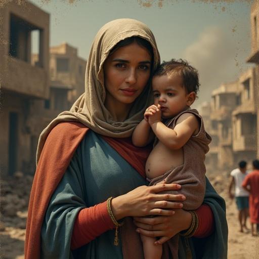 Modern portrait of an Arab Madonna with crying Arab child. Urban setting in Gaza with blurry bombed houses in background. Contemporary garments in Marian colors. Soft cinematic light. Realistic suffering expressions. Spiritual atmosphere. Modern reinterpretation of sacred symbolism.